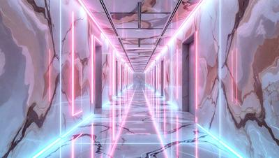 The primary subject of the image is a long, narrow hallway with a pink and purple lighting effect. The setting is a marble-like surface, giving the hallway a luxurious and elegant appearance. The visual style is a digital art, with the lighting and colors creating a unique and eye-catching atmosphere. The colors and mood of the image are predominantly pink and purple, giving the hallway a warm and inviting feel.