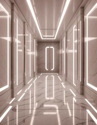 The primary subject of the image is a hallway with a marble floor. The setting is a large, white room with a marble floor. The visual style is a photo, and the colors and mood are predominantly white, giving the scene a clean and minimalist appearance.
