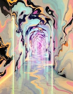 The primary subject of the image is a long, narrow, and colorful tunnel. The tunnel is illuminated by a series of neon lights, creating a vibrant and lively atmosphere. The setting is a cave-like environment, with the tunnel extending through the rocky landscape. The visual style of the image is a combination of digital art and illustration, giving it a unique and artistic appearance. The dominant colors in the image are pink, purple, and blue, which contribute to the overall mood of the