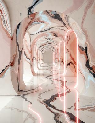 The primary subject of the image is a long, narrow, and brightly lit tunnel with a white marble floor. The tunnel is illuminated by a series of lights, creating a visually striking and inviting atmosphere. The setting is a white marble tunnel, which adds a sense of elegance and sophistication to the scene. The visual style of the image is a combination of photo and digital art, creating a unique and captivating representation of the tunnel. The colors and mood of the image are predominantly