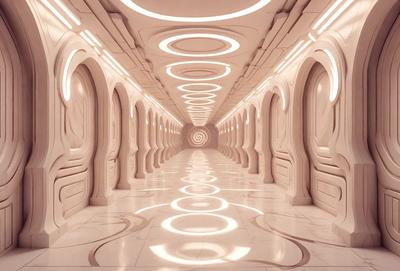 The primary subject of the image is a long, narrow hallway with a white color scheme. The setting is a white room with a circular light fixture hanging from the ceiling. The visual style is a photo, and the colors and mood are predominantly white, giving the space a clean and minimalist appearance.