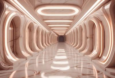 The image features a long, narrow hallway with a marble floor. The hallway is illuminated by a series of lights, creating a bright and inviting atmosphere. The primary subject of the image is the hallway itself, which serves as the main focus of the scene. The setting is a modern, well-lit space, and the visual style is a combination of photo and digital art. The colors and mood of the image are predominantly white and clean, giving the impression of a pristine and well-m