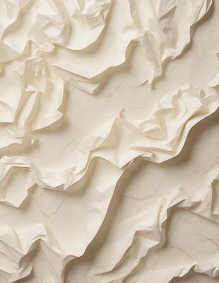 The primary subject of the image is a white marble wall with a pattern of wrinkled paper or fabric. The setting is a room with a white marble wall as the main focus. The visual style is a combination of a photo and a digital art or illustration, creating a unique and intricate pattern on the wall. The colors and mood of the image are predominantly white, giving it a clean and elegant appearance.