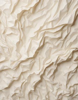 The primary subject of the image is a large, white, wrinkled wallpaper with a textured appearance. The setting is a room with a white wall, and the visual style is a close-up of the wallpaper. The colors and mood of the image are predominantly white, giving it a clean and minimalist appearance.