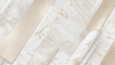 The primary subject of the image is a marble-like pattern, which is displayed on a white background. The setting appears to be a room with a countertop, and the visual style is a combination of a photo and a pattern. The dominant colors in the image are white and gold, creating a luxurious and elegant atmosphere.
