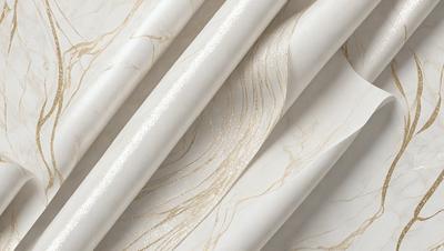 The primary subject of the image is a roll of paper with a gold and white pattern. The paper is unrolled and appears to be a decorative paper. The setting is a table, and the visual style is a close-up of the paper roll. The colors and mood of the image are predominantly gold and white, giving it a sophisticated and elegant appearance.