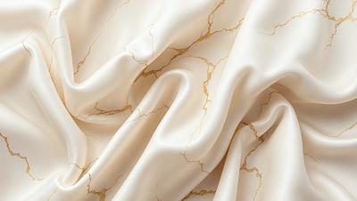The primary subject of the image is a white sheet with a gold pattern on it. The sheet is draped over a surface, possibly a bed or a chair. The visual style of the image is a close-up of the sheet, showcasing the gold pattern and texture. The colors and mood of the image are predominantly white and gold, giving it a luxurious and elegant appearance.