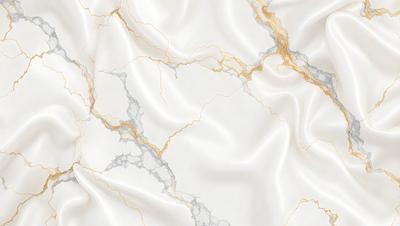 The primary subject of the image is a white marble wall with gold veins. The setting is a room with a white marble floor. The visual style is a close-up of the marble wall, showcasing its intricate patterns. The colors and mood of the image are predominantly white and gold, creating a luxurious and elegant atmosphere.