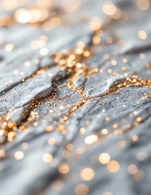 The primary subject of the image is a close-up of a shiny, glittery surface, possibly a piece of marble or a wall with a metallic finish. The setting appears to be a rocky or textured surface, which adds to the visual style of the image. The colors in the image are predominantly gold and silver, creating a warm and shiny atmosphere.