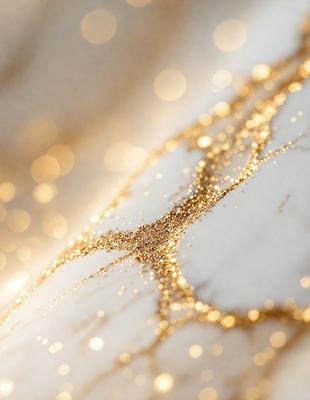 The primary subject of the image is a close-up of gold glitter, which appears to be a pattern or texture. The setting is a white background, which provides a clean and minimalist appearance. The visual style is a combination of a photo and digital art, as the gold glitter appears to be a digital effect or pattern. The colors and mood of the image are predominantly gold and shiny, creating a warm and luxurious atmosphere.