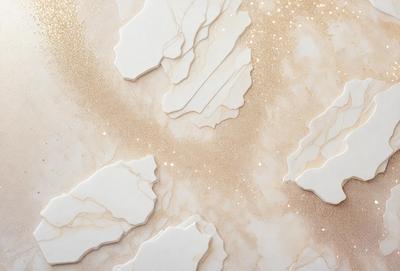 The primary subject of the image is a marble wall with a gold-colored pattern. The setting is a room with a white marble wall, and the visual style is a combination of a photo and digital art. The dominant colors are gold and white, creating a luxurious and elegant atmosphere.
