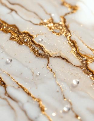 The primary subject of the image is a marble table with a gold-colored pattern on it. The setting is a white marble surface, and the visual style appears to be a combination of a photo and digital art. The colors and mood of the image are predominantly gold and white, creating a luxurious and elegant atmosphere.