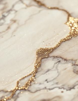 The primary subject of the image is a marble countertop with a gold glitter effect. The setting is a marble countertop, and the visual style is a photo. The colors and mood of the image are predominantly gold and glittery, creating a luxurious and elegant atmosphere.