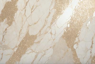 The primary subject of the image is a marble wall with a gold-colored pattern. The setting is a room with a white background, and the visual style is a close-up of the marble wall. The colors and mood of the image are warm and elegant, with the gold pattern adding a touch of luxury to the marble wall.
