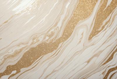 The primary subject of the image is a marble-like surface with a gold and white color scheme. The setting is a bathroom, and the visual style is a close-up of the marble-like surface. The colors and mood of the image are elegant and sophisticated, with the gold and white tones creating a luxurious and refined atmosphere.