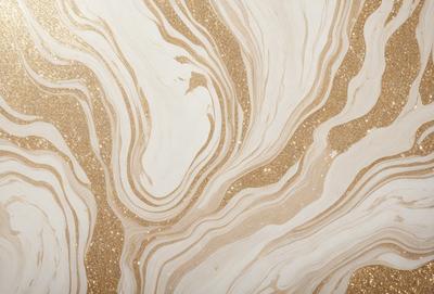 The primary subject of the image is a marble-like pattern with gold and white colors. The setting is a white background, and the visual style appears to be a combination of a photo and digital art. The dominant colors are gold and white, creating a luxurious and elegant atmosphere.