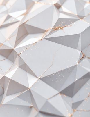 The primary subject of the image is a white and gold geometric pattern. The setting is a white background, and the visual style appears to be a combination of digital art and illustration. The dominant colors are white and gold, creating a sense of elegance and sophistication.