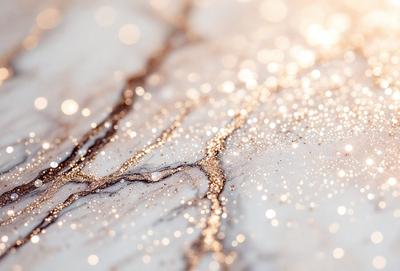 The primary subject of the image is a close-up of a gold glittery substance, possibly a glittery paint or a gold-colored substance, on a white surface. The setting appears to be a white marble countertop. The visual style of the image is a close-up, which emphasizes the glittery substance and its texture. The colors in the image are predominantly gold and white, creating a warm and shiny atmosphere.