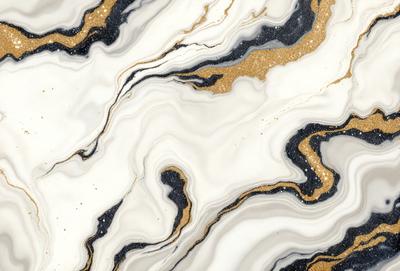 The primary subject of the image is a marble-like pattern with gold and black colors. The setting is a white marble-like surface, and the visual style appears to be a combination of a photo and digital art. The dominant colors are gold and black, creating a luxurious and elegant atmosphere.