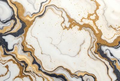 The primary subject of the image is a marble countertop with a gold and black pattern. The setting is a kitchen, and the visual style is a close-up of the marble countertop. The colors and mood of the image are predominantly gold and black, creating a luxurious and elegant atmosphere.