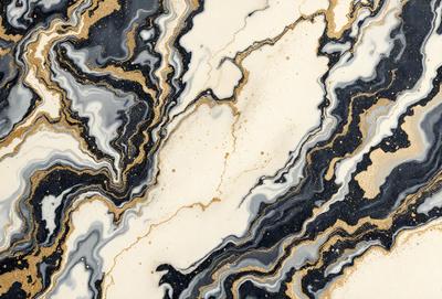 The primary subject of the image is a marble-like pattern with gold and black colors. The setting is a white marble surface, and the visual style appears to be a combination of a photo and digital art. The dominant colors are gold and black, creating a luxurious and elegant atmosphere.