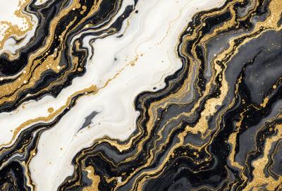 The primary subject of the image is a marble-like pattern with gold and black colors. The setting is a black and white marble-like surface, which adds to the visual style. The overall atmosphere is elegant and sophisticated, with the gold and black colors creating a striking contrast.