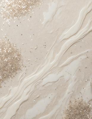 The primary subject of the image is a white marble-like surface with a pattern of glittering specks. The setting is a white background, and the visual style appears to be a combination of a photo and digital art. The colors and mood of the image are predominantly white, with a touch of glittering specks that add a sense of depth and texture to the surface.