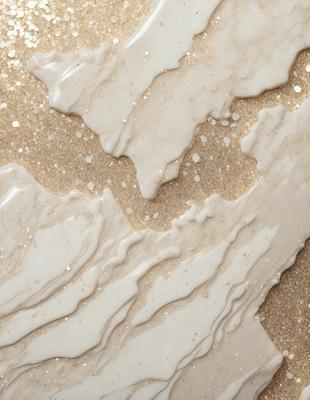 The primary subject of the image is a close-up of a sandy surface with a white and gold color scheme. The setting appears to be a beach or a desert-like environment. The visual style of the image is a combination of photo and digital art, creating a unique and artistic representation of the sandy surface. The colors and mood of the image are warm and inviting, with the white and gold tones evoking a sense of tranquility and natural beauty.
