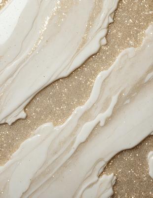 The primary subject of the image is a close-up of a marble-like surface with a pattern of glittering gold and white. The setting is a white marble wall, and the visual style is a combination of a photo and digital art. The colors and mood of the image are predominantly white and gold, creating a luxurious and elegant atmosphere.