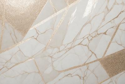 The primary subject of the image is a marble tile with a gold pattern. The setting is a bathroom, and the visual style is a photo. The dominant colors are gold and white, creating a luxurious and elegant atmosphere.