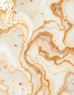 The primary subject of the image is a close-up of a marble surface with gold glitter. The setting is a white marble countertop, and the visual style is a combination of a photo and digital art. The colors and mood of the image are predominantly gold and glittery, creating a luxurious and elegant atmosphere.