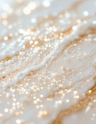 The primary subject of the image is a close-up of a white surface with a pattern of gold glitter. The setting is a white background, and the visual style appears to be a photo. The dominant colors are white and gold, creating a warm and shiny atmosphere.