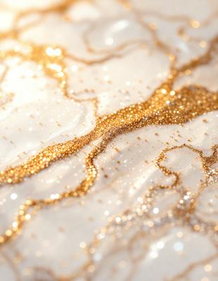 The primary subject of the image is a white marble table with a gold-like pattern on it. The table appears to be a marble countertop, and the gold-like pattern is created by glittering gold specks. The setting is a room with a white background, and the visual style is a close-up of the marble countertop. The colors and mood of the image are warm and inviting, with the gold specks adding a touch of luxury and sophistication to the overall atmosphere.
