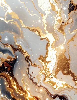 The primary subject of the image is a close-up of a gold and white marbled surface. The setting is a room with a patterned wall, and the visual style appears to be a combination of a photo and digital art. The colors and mood of the image are predominantly gold and white, creating a warm and elegant atmosphere.