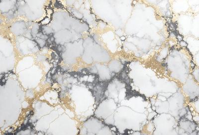The primary subject of the image is a marble-like surface with a gold-colored pattern. The setting is a white marble countertop, and the visual style is a combination of a photo and digital art. The colors and mood of the image are predominantly white and gold, creating a luxurious and elegant atmosphere.