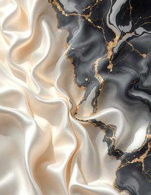 The primary subject of the image is a white sheet of fabric with gold and black patterns. The setting is a room with a black and white background. The visual style is a combination of photo and digital art, creating a unique and intricate design. The dominant colors are white, gold, and black, giving the image a luxurious and elegant appearance.