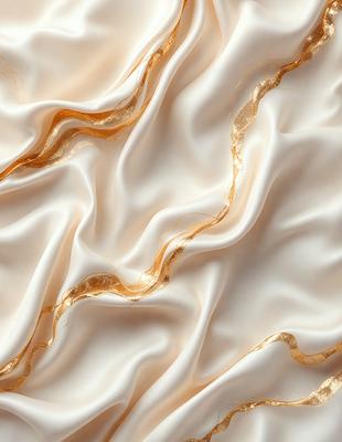 The primary subject of the image is a white sheet with gold accents. The sheet is folded and draped over a surface, creating a visually appealing and elegant display. The setting appears to be a room with a table, and the visual style is a combination of a photo and digital art. The colors and mood of the image are predominantly white and gold, giving it a luxurious and sophisticated appearance.
