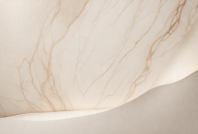 The primary subject of the image is a marble wall with a patterned texture. The setting is a room with a white wall, and the visual style is a close-up of the marble wall. The colors and mood of the image are predominantly white and neutral, giving it a clean and elegant appearance.