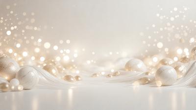The primary subject of the image is a white background with a pattern of gold balls scattered across it. The setting appears to be a white room, and the visual style is a combination of a photo and digital art. The dominant colors are white and gold, creating a clean and elegant atmosphere.