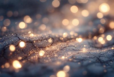 The primary subject of the image is a close-up of a sparkling, shimmering surface, possibly a piece of fabric or a light-reflecting surface. The setting is a dark background, which contrasts with the bright, glowing surface. The visual style appears to be a combination of a photo and digital art, as the light source creates a unique and eye-catching effect. The colors and mood of the image are predominantly dark and moody, with the bright sparkles providing a contrasting and capt
