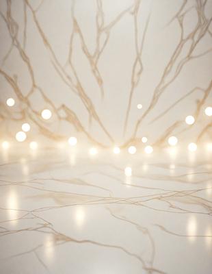 The primary subject of the image is a pattern of lights on a wall. The setting is a room with a white wall, and the visual style appears to be a combination of a photo and digital art. The dominant colors are white and gold, creating a warm and inviting atmosphere.