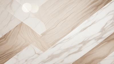 The primary subject of the image is a marble surface with a wood grain pattern. The setting is a room with a white marble floor, and the visual style is a close-up of the marble surface. The colors and mood of the image are predominantly white and neutral, giving it a clean and elegant appearance.