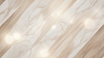 The primary subject of the image is a marble wall with a pattern of light and dark wood. The setting is a room with a white marble floor. The visual style is a combination of a photo and digital art, creating a unique and intricate pattern. The colors and mood of the image are predominantly white and light brown, giving it a clean and warm atmosphere.