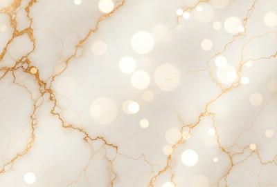 The primary subject of the image is a marble surface with a gold-like pattern. The setting is a white background, and the visual style appears to be a combination of a photo and digital art. The colors and mood of the image are predominantly gold and white, creating a warm and elegant atmosphere.