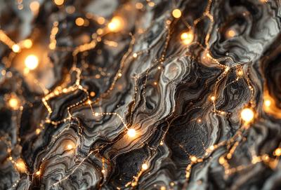 The primary subject of the image is a close-up of a rock with a pattern of lights shining on it. The rock appears to be a marble or granite surface, and the lights create a visually striking and unique pattern. The setting is a natural environment, with the rock being the main focus of the image. The visual style is a close-up of the rock, emphasizing the intricate pattern of lights. The colors and mood of the image are predominantly dark, with the lights providing a contrasting and