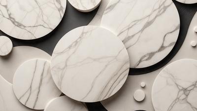 The primary subject of the image is a large, round, white marble tabletop. The tabletop is surrounded by several smaller, round, white marble tabletops, creating a visually striking and cohesive display. The setting appears to be a room with a black background, which further emphasizes the contrast between the white marble and the dark background. The visual style of the image is a combination of photo and digital art, resulting in a high-quality and detailed representation of the marble tabletops. The colors and