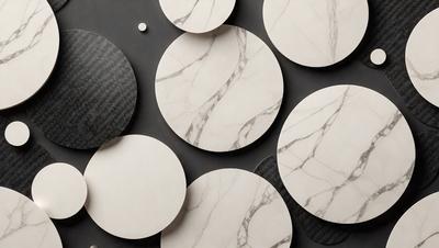 The primary subject of the image is a collection of round, white, and black marble tiles. These tiles are arranged in a visually appealing manner, creating a striking pattern. The setting is a black background, which contrasts with the white and black marble tiles, emphasizing their beauty. The visual style of the image is a combination of photo and digital art, as the tiles are arranged in a way that resembles a collage. The colors and mood of the image are predominantly black and