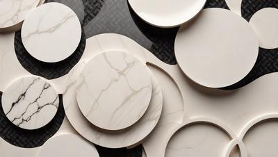 The primary subject of the image is a collection of white marble plates. These plates are arranged in various shapes and sizes, creating an interesting and visually appealing display. The setting is a table, and the visual style appears to be a combination of photo and digital art. The colors and mood of the image are predominantly white, giving it a clean and elegant appearance.