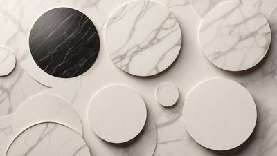 The primary subject of the image is a collection of white and black marble circles. The setting is a white background, which provides a clean and minimalist appearance. The visual style is a close-up of the circles, showcasing their intricate patterns and textures. The colors and mood of the image are predominantly white and black, creating a sense of elegance and sophistication.