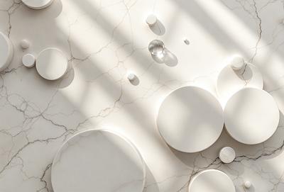 The primary subject of the image is a white marble table with a variety of white and clear objects on it. The table is set against a backdrop of a white wall, which creates a clean and minimalist atmosphere. The visual style of the image is a combination of photo and digital art, as it appears to be a photograph of a digital art piece. The colors and mood of the image are predominantly white, giving it a calm and serene appearance.